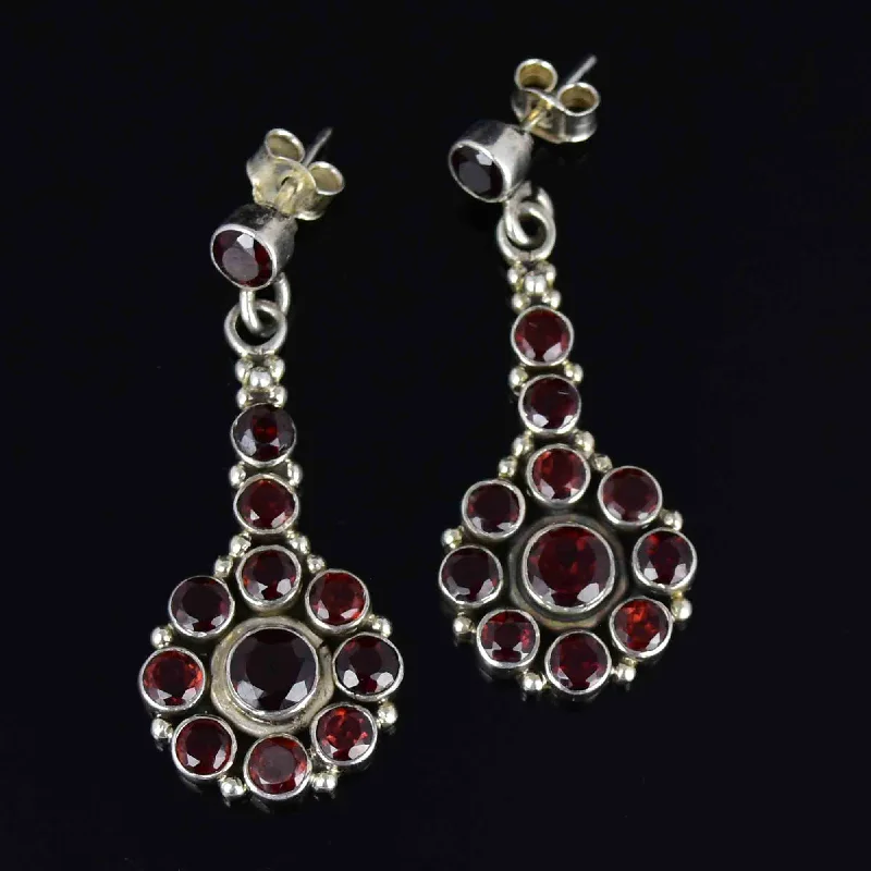 Twisted Drop Earrings for Stylish-Twisted Drop Earrings for Stylish-Vintage Garnet Floral Cluster Long Drop Earrings in Silver