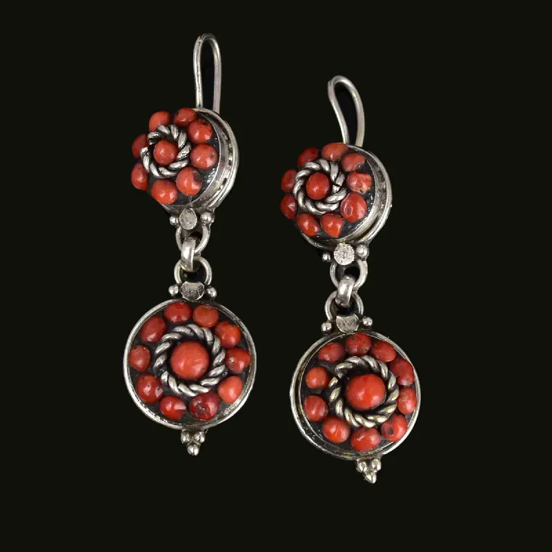 Work Drop Earrings for Professional-Work Drop Earrings for Professional-Vintage Sterling Silver Natural Coral Double Drop Earrings