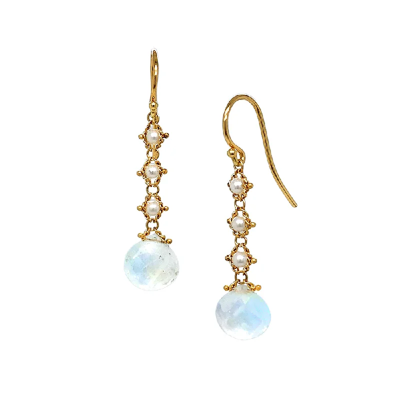 Sparkling Drop Earrings for Shiny-Sparkling Drop Earrings for Shiny-Moonstone & Pearl Woven Drop Earrings - "Moon Drop"