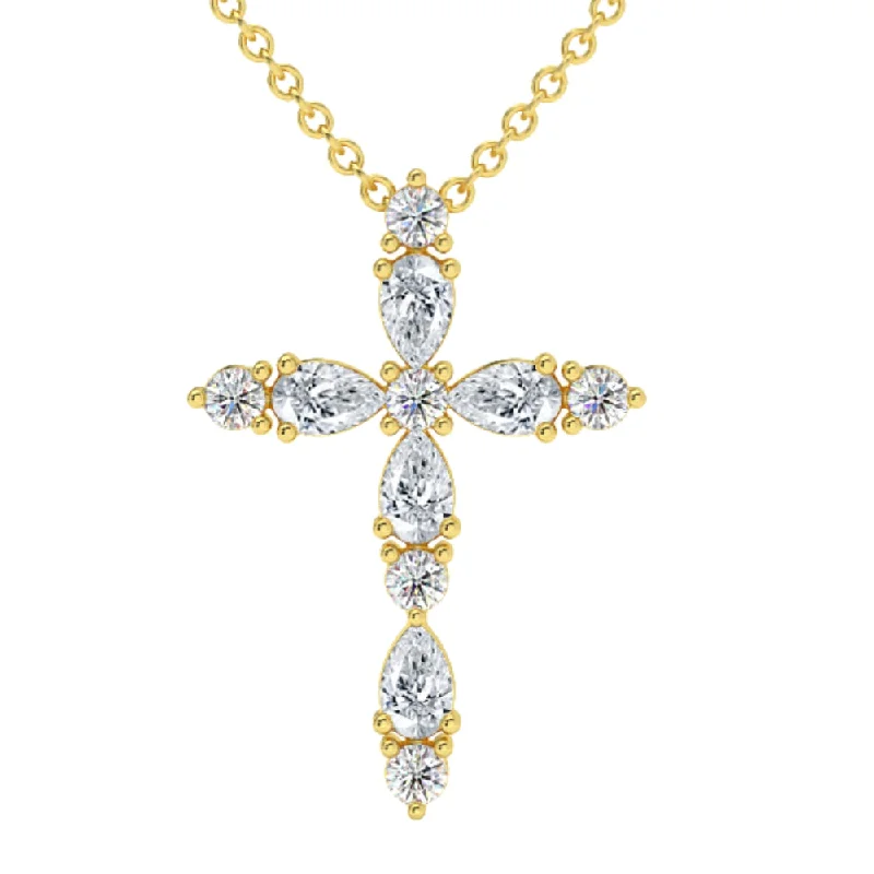 Heart-shaped diamond pendants for romantic gestures and high-end luxury gifts -3/4Ct Diamond Cross Round & Pear Shape 14k Gold Necklace Lab Grown 1" Tall