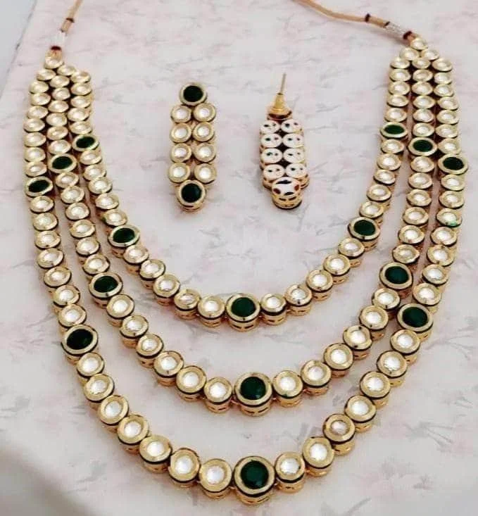 Bridal necklaces and pendants with diamonds and pearls for wedding day elegance -3 Line Kundan Emerald Necklace