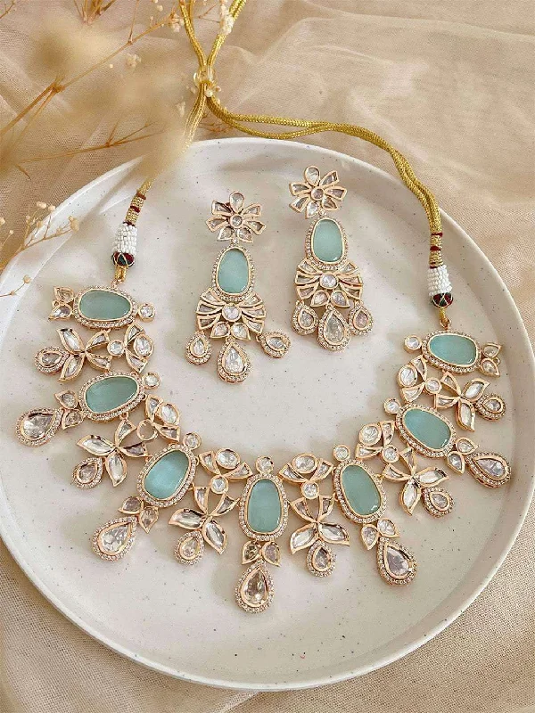 Vintage-inspired necklaces and pendants with intricate designs and timeless appeal -Aqua Green Cubic Zirconia Diamond Necklace Set