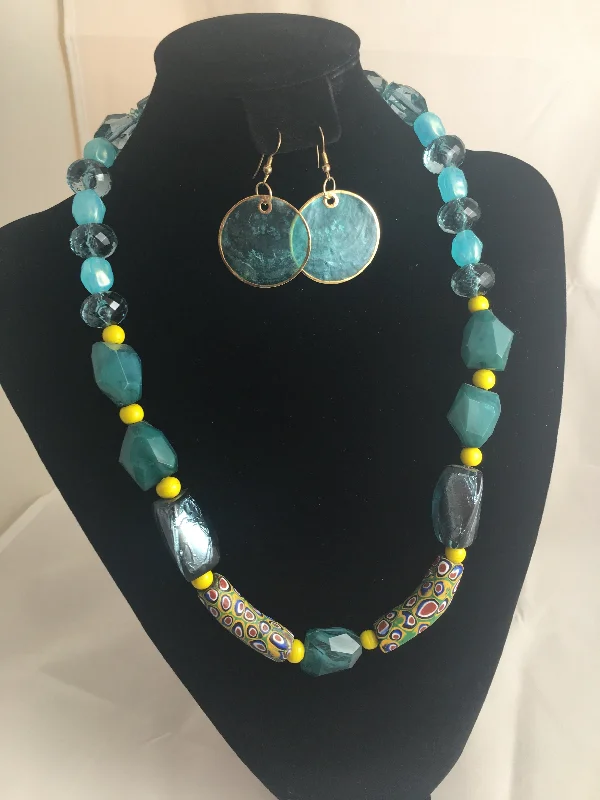 Elegant gold necklaces and pendants for women with classic designs -Necklace, African Trade Bead and Aqua Lucite