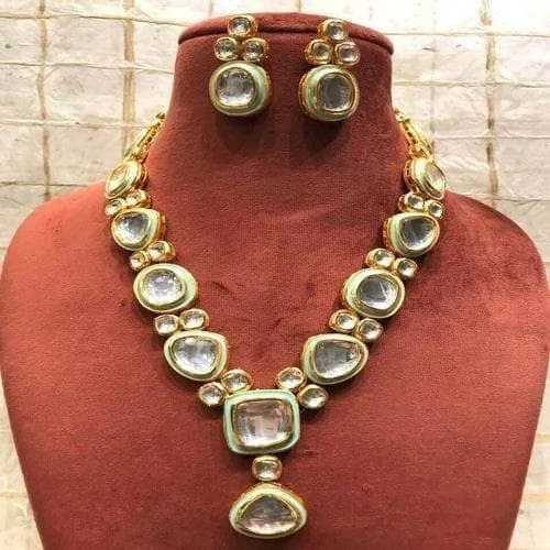 Trendy crystal point necklaces and pendants with raw natural stones for boho looks -Big Kundan Meena Necklace