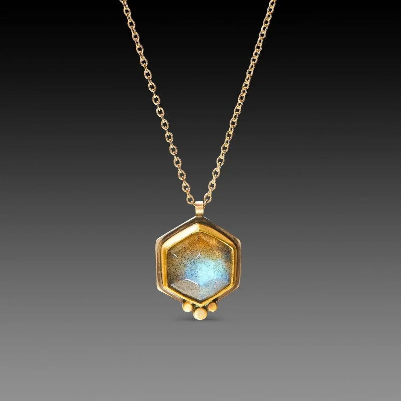 Handcrafted necklaces and pendants with unique designs for a personal touch -Labradorite Hexagon Necklace with Gold dots