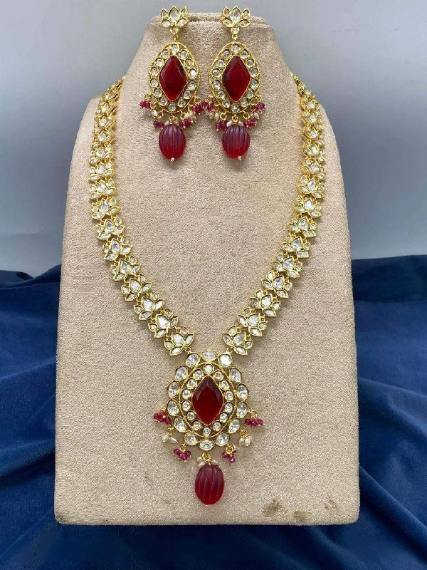 Vintage gold necklaces and pendants for women who love classic jewelry designs -Drop Shaped Heavy Kundan Long Necklace Set