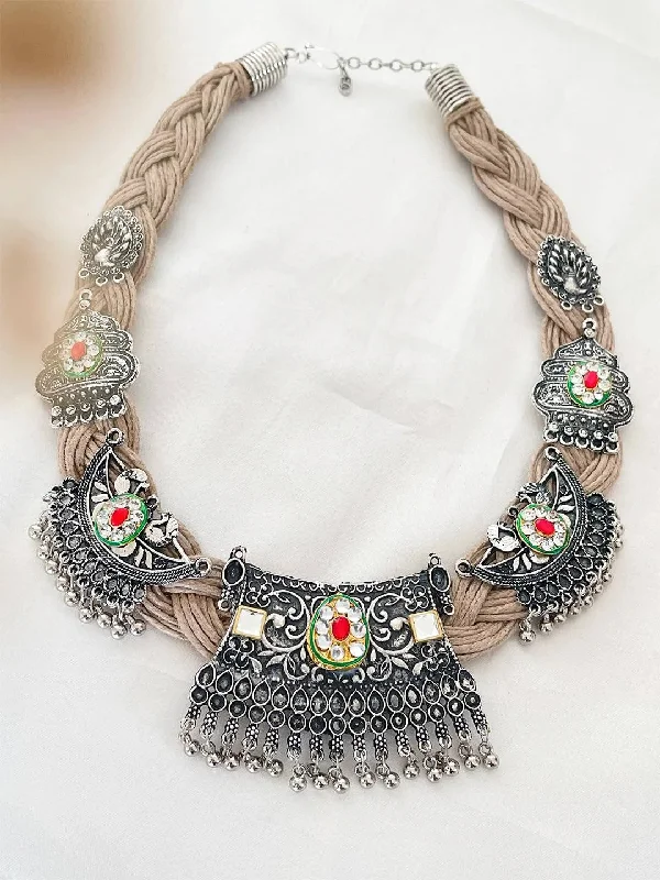 Birth flower necklaces and pendants with flowers corresponding to each month of birth -Ethnic Jute Thread Oxidised Silver Antique Afghani Traditional Necklace Choker