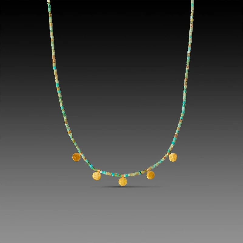 Statement necklaces and pendants with oversized pendants for bold looks -Gold Disk and Turquoise Beaded Necklace