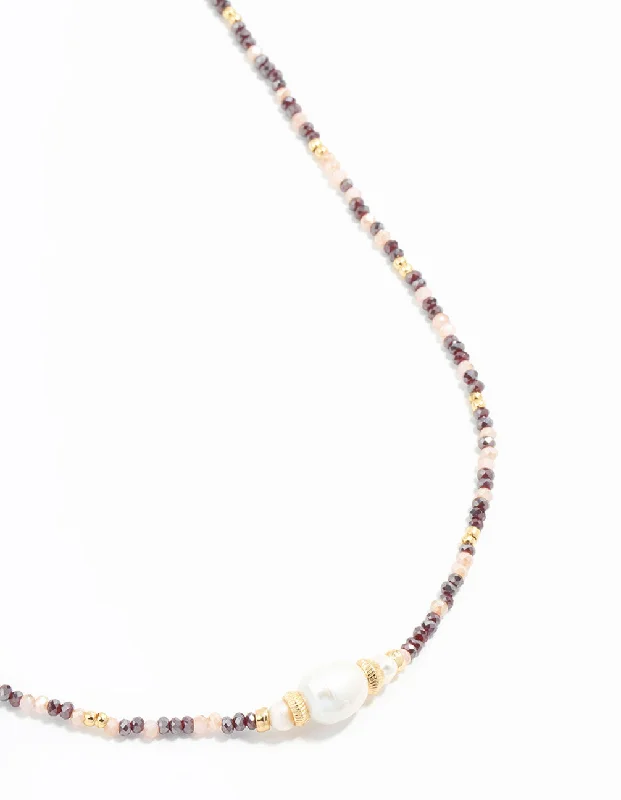 Color-changing necklaces and pendants with mood stones for a fun accessory -Gold Freshwater Pearl & Mini Purple Bead Necklace