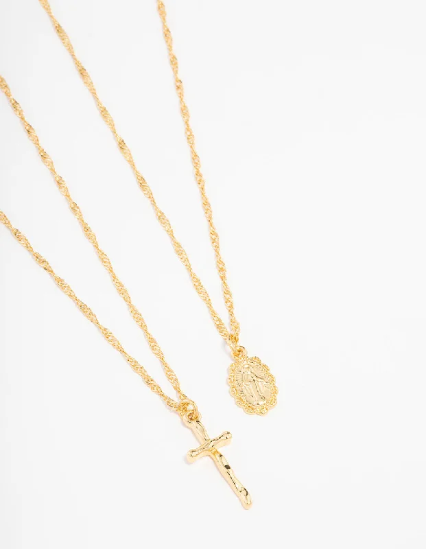 Flower-shaped pendant necklaces for feminine and floral-inspired jewelry styles -Gold Plated Mary Hammered Cross Necklace 2-Pack