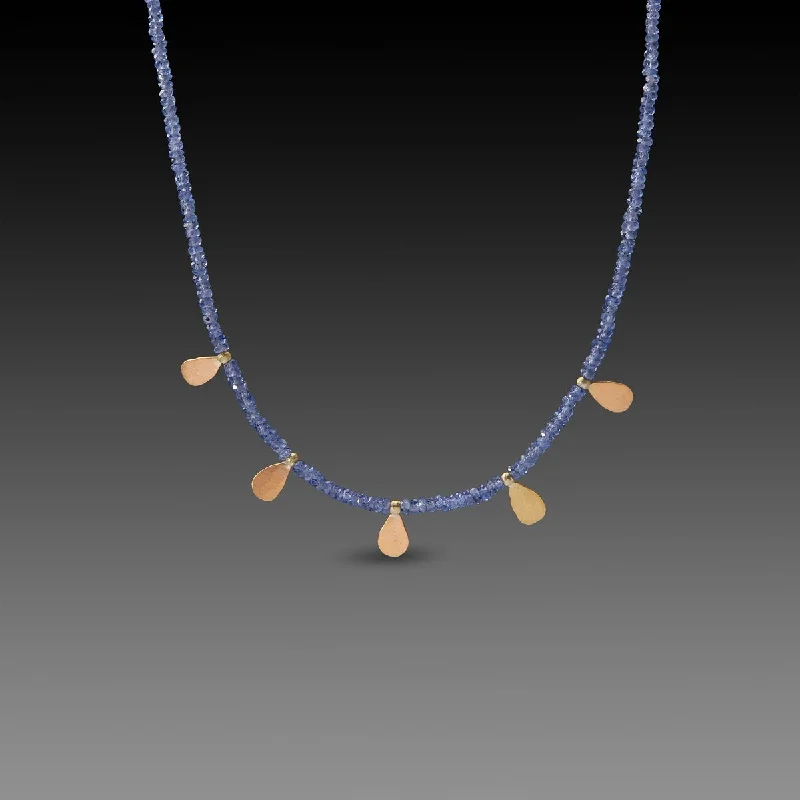 Long pendant necklaces with geometric crystals for modern, chic fashionistas -Sapphire Beaded Necklace with Gold Teardrops