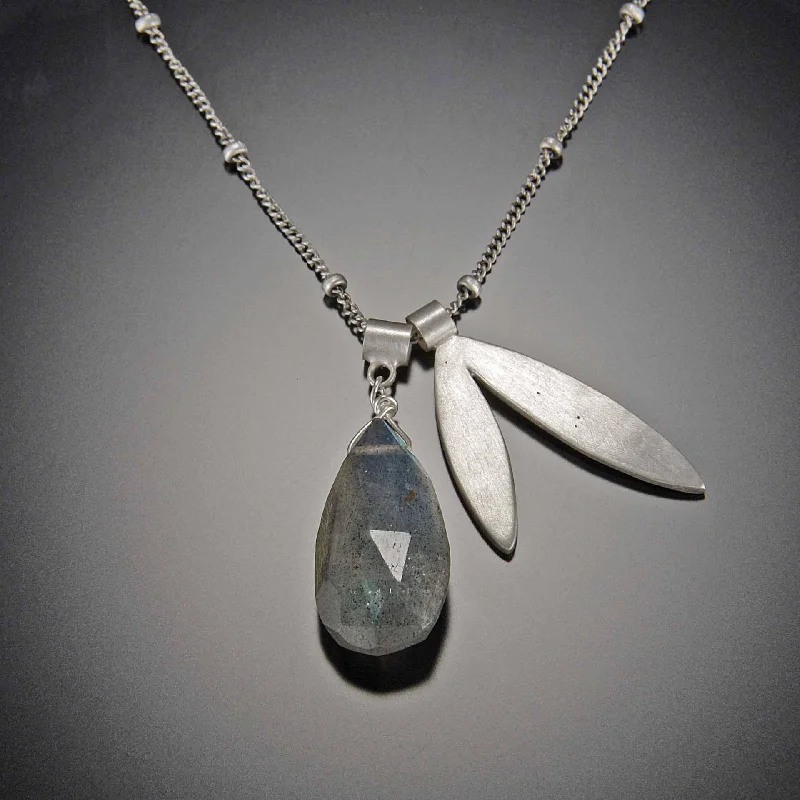 Boho-chic necklaces and pendants with tassels for a free-spirited look -Large Faceted Labradorite and Leaf Charm Necklace