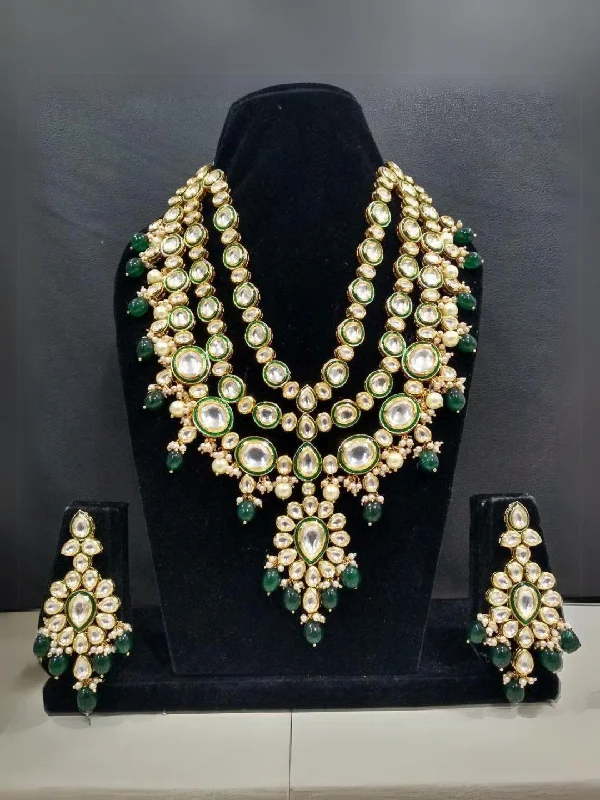 Dainty gold necklaces and pendants for women with subtle, delicate designs -Layered Long Meena Kundan Necklace Set