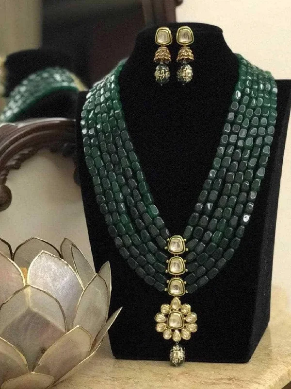 Vintage silver necklaces and pendants with antique finishes for a retro vibe -Long Kundan Pendant Green Beads Necklace