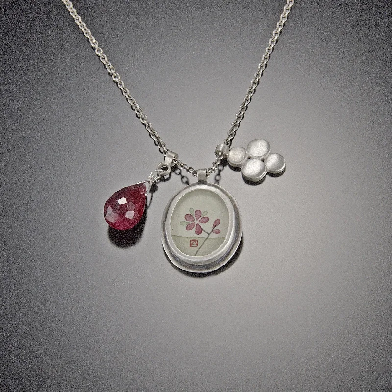 Large gemstone pendant necklaces for women who love bold, colorful statement jewelry -Plum Blossom Charm Necklace with Ruby Teardrop