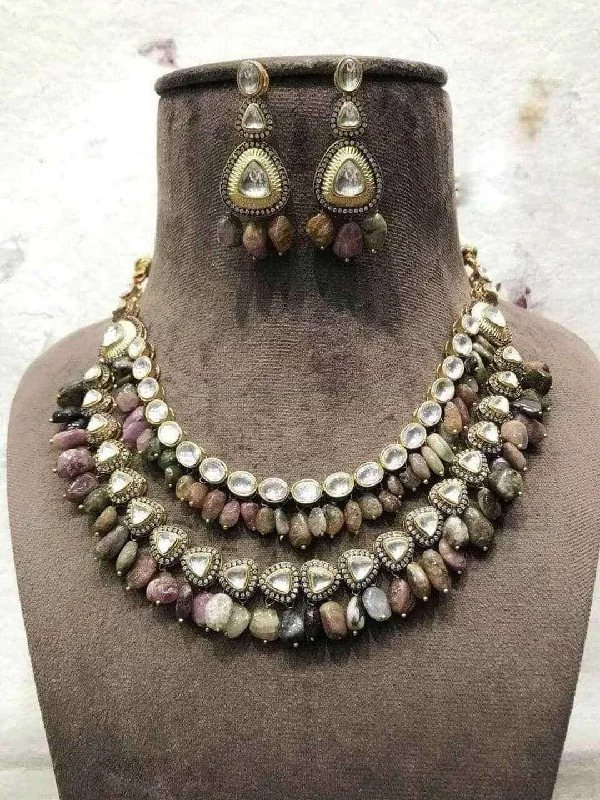 Trendy crystal point necklaces and pendants with raw natural stones for boho looks -Polki Kundan With Real Tourmaline Necklace