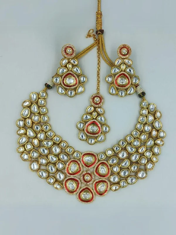 Elegant drop earrings and matching necklaces with pendants for formal occasions -Red Gold Tone Kundan Bridal Necklace Set