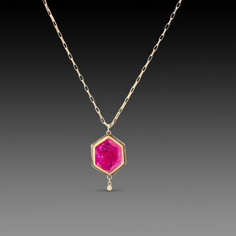 Classic diamond pendant necklaces for women who love timeless, elegant jewelry pieces -Ruby Hexagon Necklace with Diamond Drop