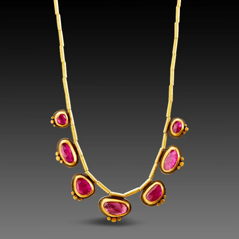 Minimalist necklaces and pendants with clean lines for modern and simple designs -Seven Rubies with 22k Gold Trios Necklace