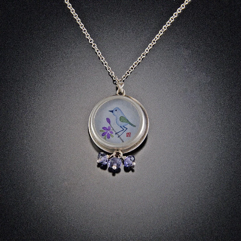 Custom coordinate necklaces and pendants for a sentimental keepsake from places -Small Round Bluebird Necklace