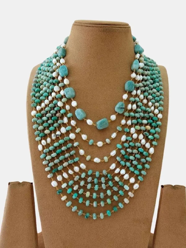 Long pendant necklaces with layered designs for a bold fashion statement -Statement Turquoise Beads Studded Layered Necklace