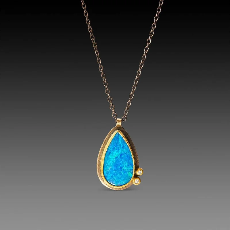 Birthstone necklaces and pendants for women looking for personalized jewelry gifts -Teardrop Australian Opal Necklace with Diamond Dots