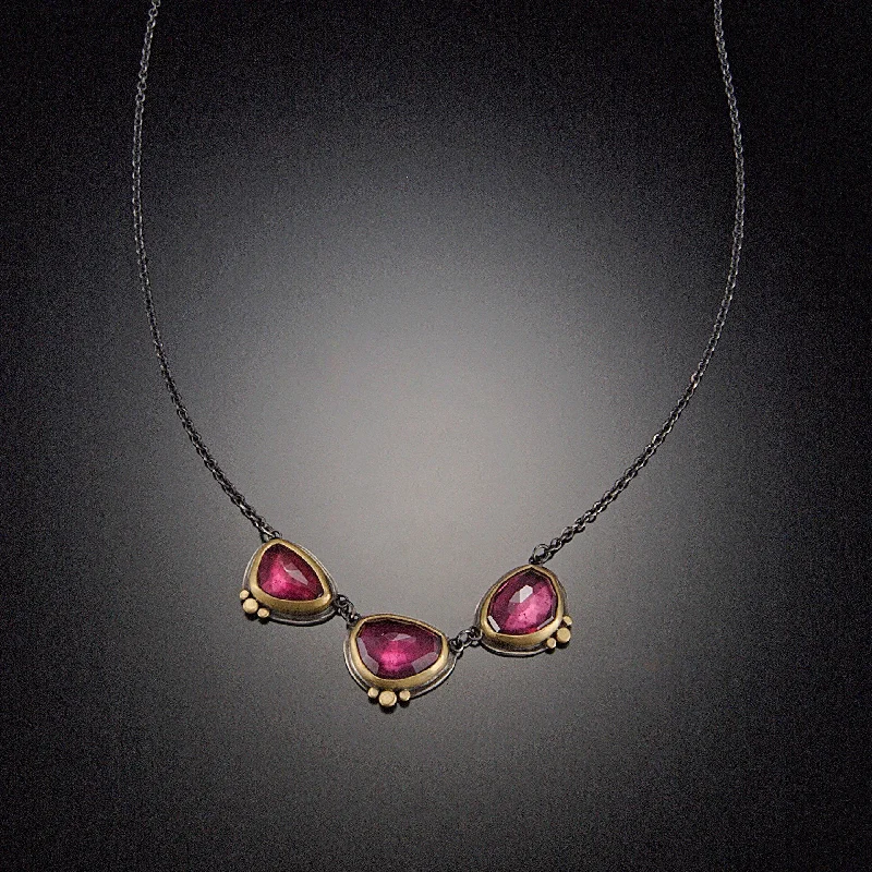 Long chain necklaces and pendants with layered pendant designs for modern fashion -Three Garnet Necklace with Gold Dots