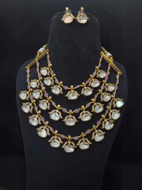 Elegant drop earrings and matching necklaces with pendants for formal occasions -Three Layer Doublet Stone Designer Necklace Set In Victorian Style