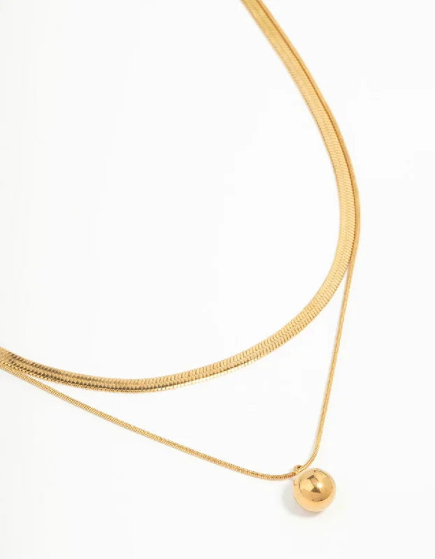 Geometric necklaces and pendants with sharp angles for modern, edgy looks -Waterproof Gold Plated Stainless Steel Layered Ball & Snake Chain Necklace