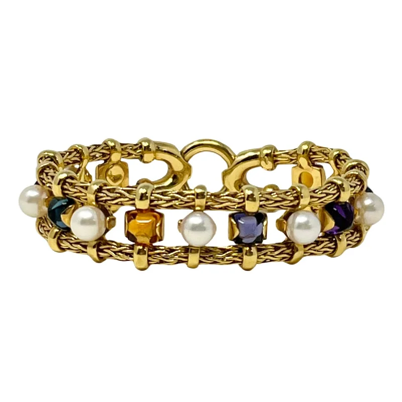 Cluster Bracelets for Dazzling Look-18K Gold Bracelet with Cultured Pearls, Topaz, Amethyst and Iolite