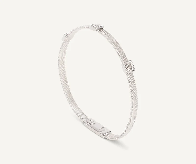 Fringed Bracelets for Bohemian Flair-18K White Gold Medium Stackable Bracelet With 3 Diamonds Stations