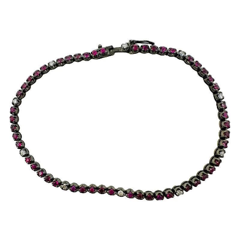 Stretch Bracelets for Easy On-Off-18K White Gold Tennis Bracelet with 51 Rubies and 10 Diamonds