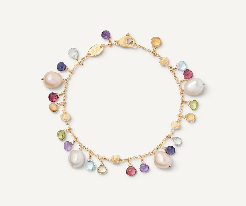 Chain Bracelets for Glamorous Look-18K Yellow Gold Single-Strand Gemstone Bracelet With Freshwater Pearls