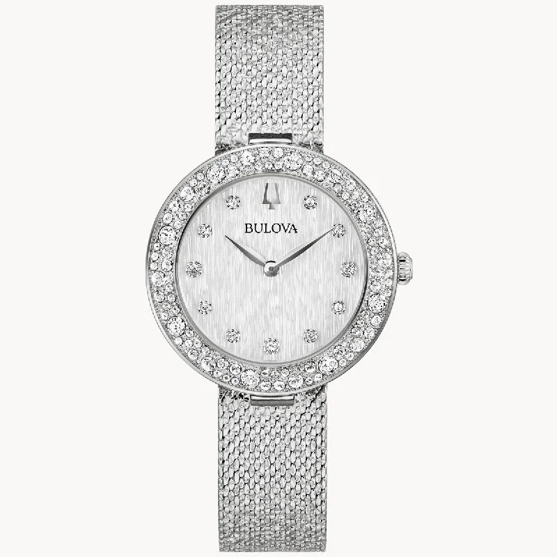 Maximalist Bangles for Bold Look-Bulova Crystal Womens Watch with White Dial and Crystal Bezel with Stainless Steel Bracelet (quartz movement)