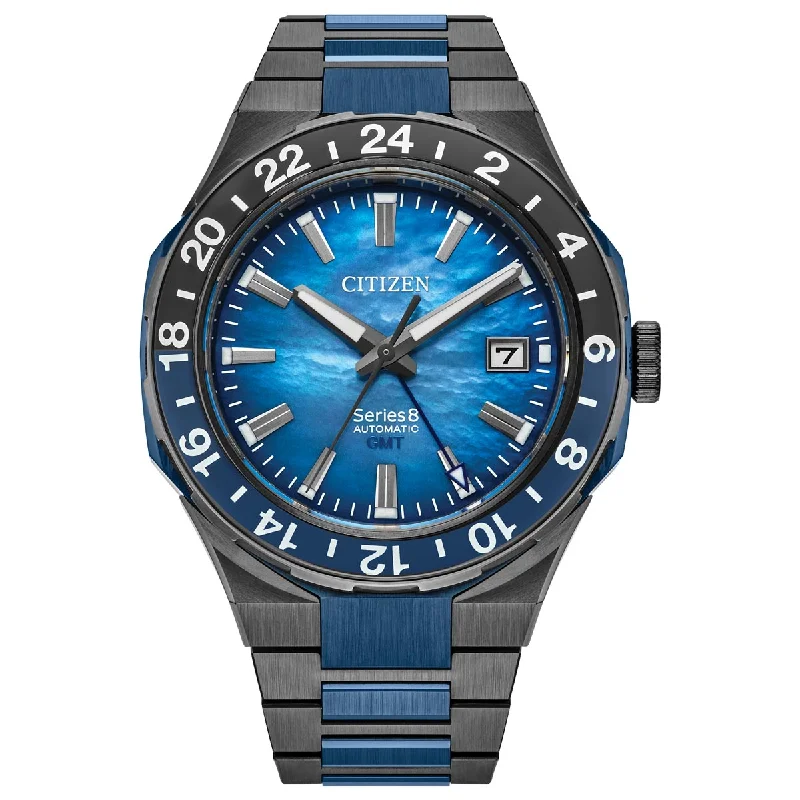 Metal Bangles for Sturdy Build-Citizen Series8 880 GMT Mens Watch with Blue Dial and Two Toned Stainless Steel Bracelet (automatic movement)