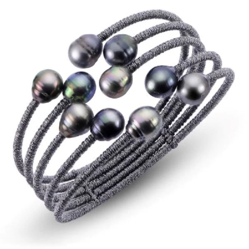 Ceramic Bangles for Artistic Appeal-Dark Grey Cord Bangle w/ 8-9mm Tahitian Pearls Cuff Bracelet