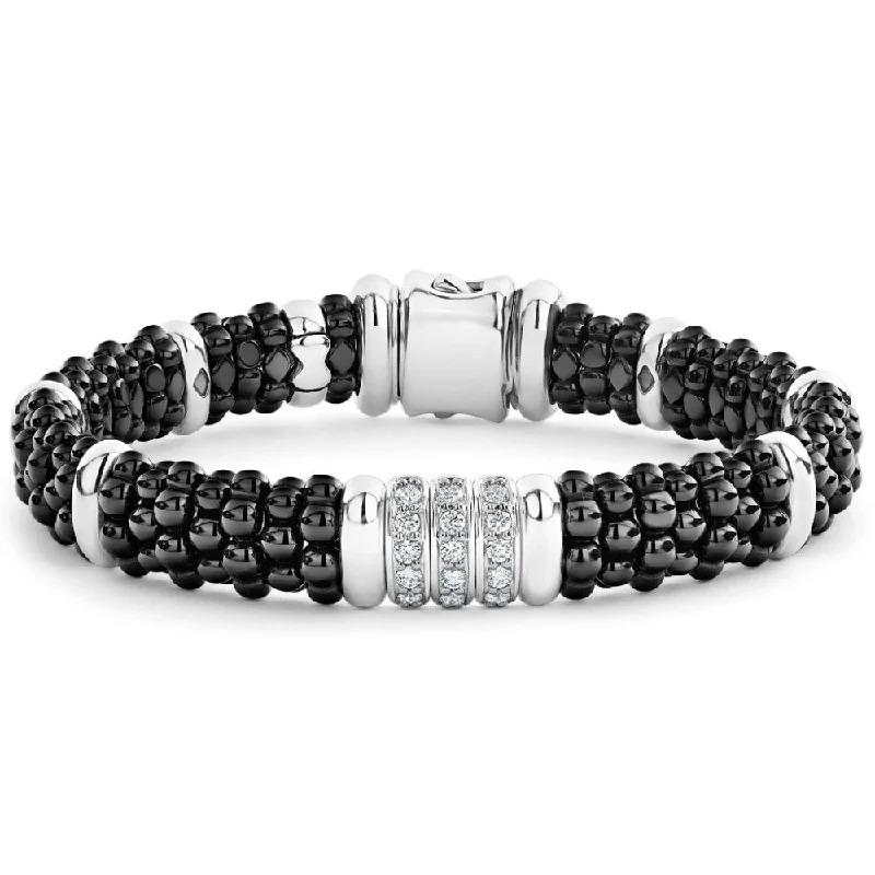 Round Bracelets for Classic Shape-Lagos Black Caviar Three Station Ceramic Diamond Bracelet, 9mm