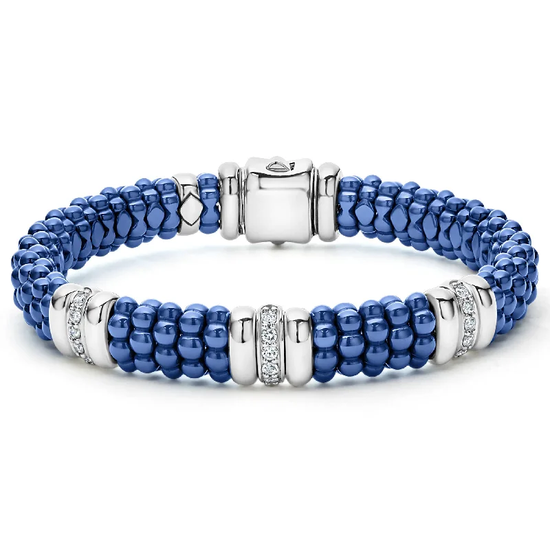 Flower-Shaped Bracelets for Delicate Touch-Lagos Blue Caviar 3 Station Ceramic Diamond Bracelet