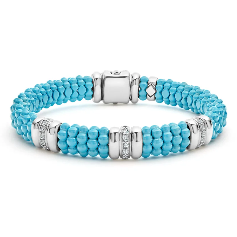 Heart-Shaped Bracelets for Romantic Vibe-Lagos Blue Caviar Three Station Ceramic Diamond Bracelet