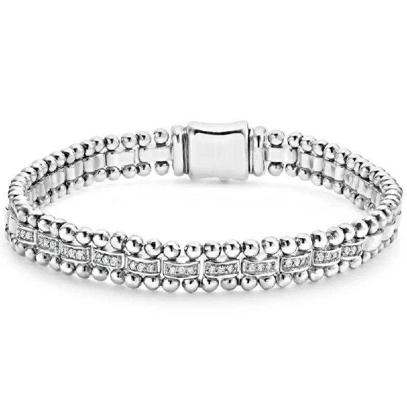 Square Bangles for Modern Design-Lagos Caviar Spark Silver Diamond Link Bracelet