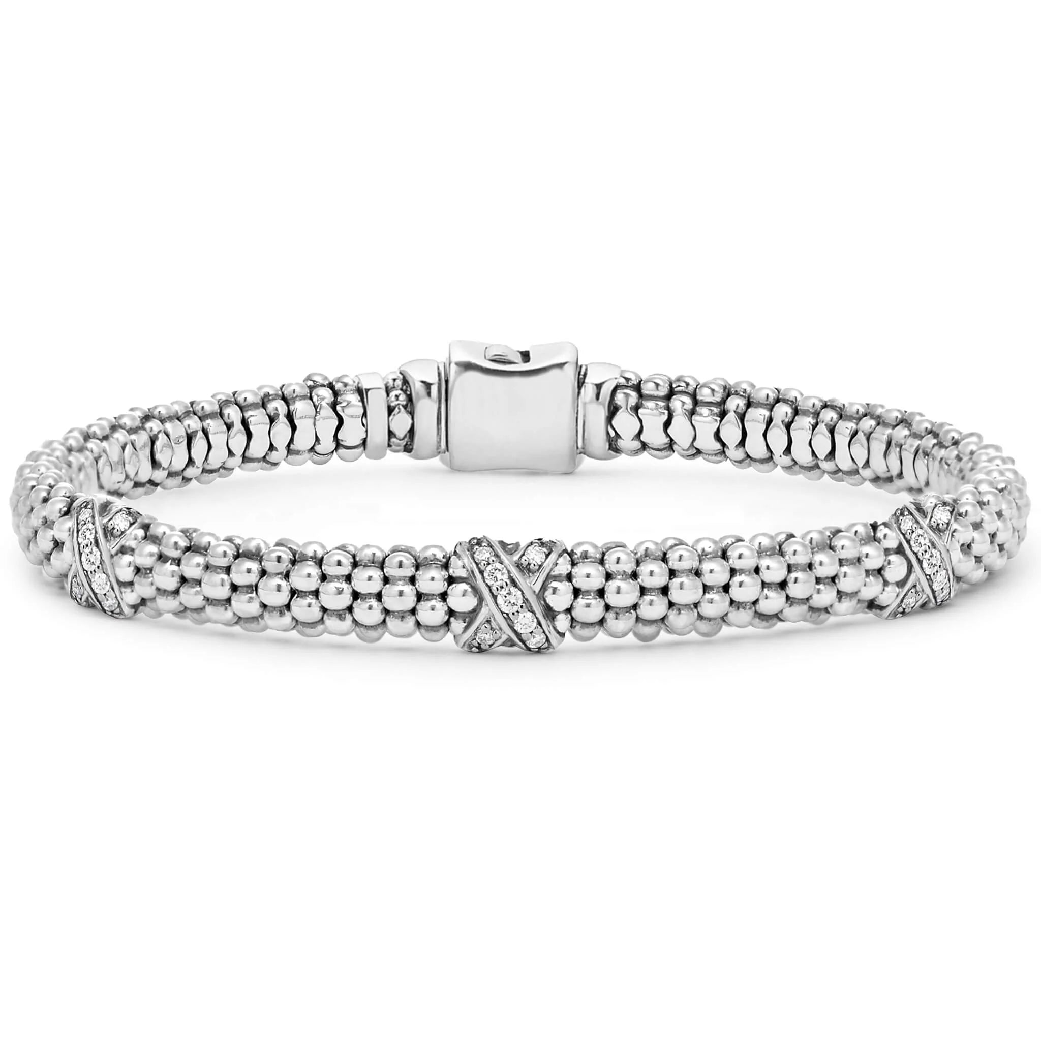 Oval Bracelets for Flattering Look-Lagos Lux Three Station Silver X Diamond Bracelet 6mm