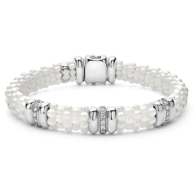 Carved Bangles for Artistic Design-Lagos White Caviar Three Station Ceramic Diamond Bracelet