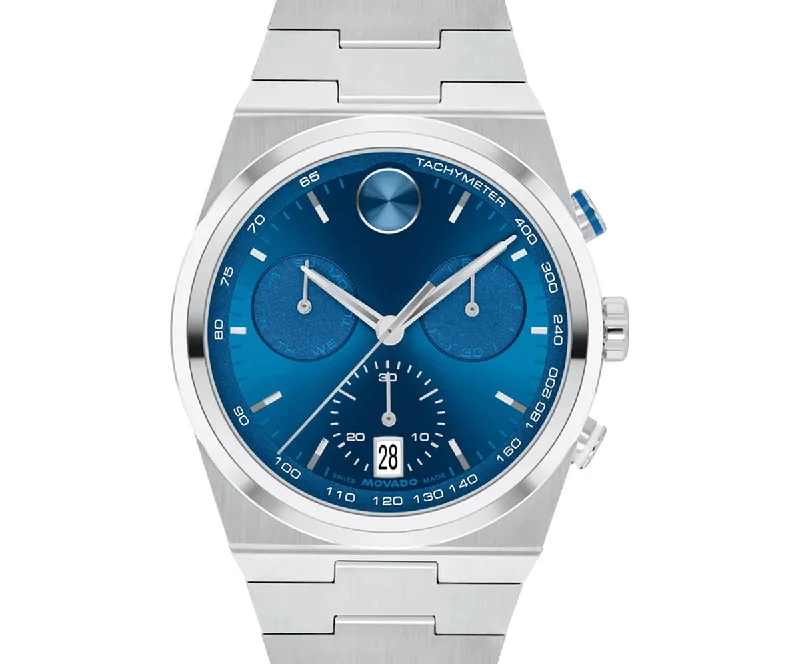 Floral Bangles for Feminine Appeal-Movado Bold Quest Chronograph Mens Watch with Blue Dial and Stainless Steel Bracelet (Swiss quartz movement)