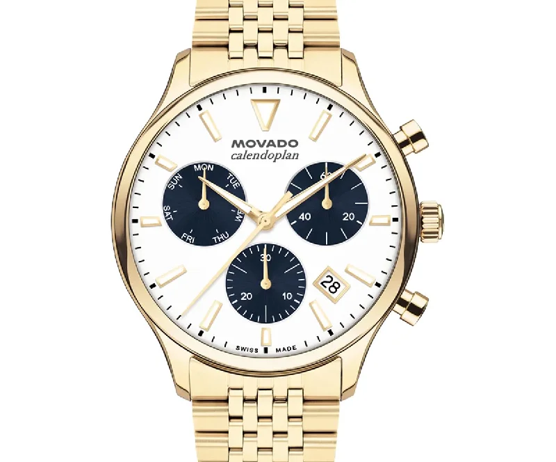 Square Bangles for Modern Design-Movado Heritage Series Calendoplan Mens Watch with White Dial and Ionic Plated Gold Toned Stainless Steel Bracelet (Swiss quartz chronograph movement)