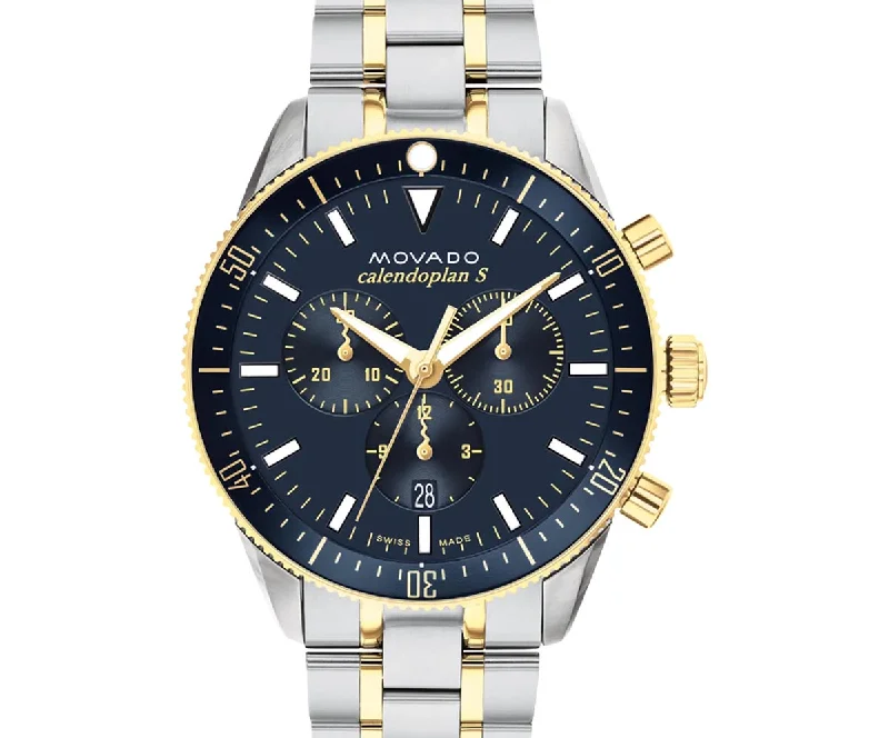 Wide Bracelets for Bold Statement-Movado Heritage Series Calendoplan S Mens Watch with Navy Blue Dial and Stainless Steel and Yellow Gold Toned Bracelet (Swiss quartz chronograph movement)