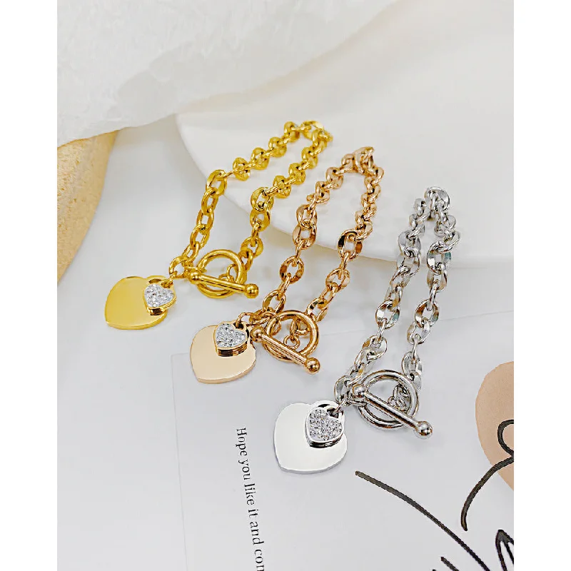 Branded Bangles for Quality Assurance-Oufer CZ Heart Charm T-Bar Chunky Chain Bracelet For Woman/Daily/Party