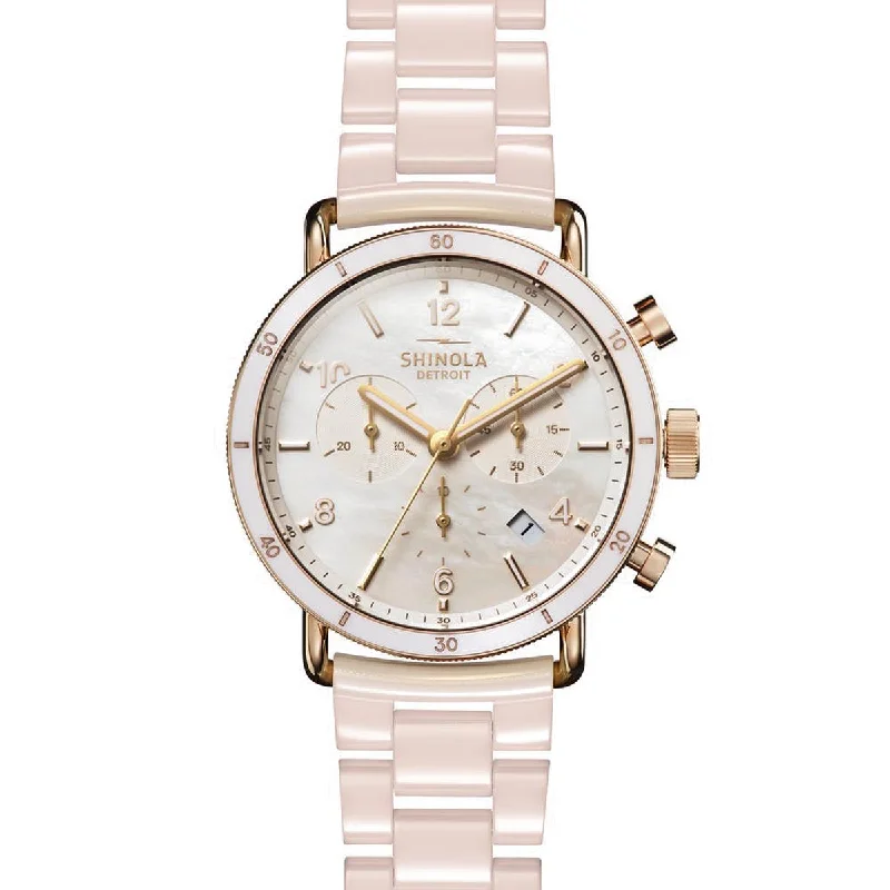 Plastic Bracelets for Budget Option-Shinola Canfield Sport Chronograph Watch with White Mother of Pearl Dial and Blush Ceramic Bracelet (quartz movement)