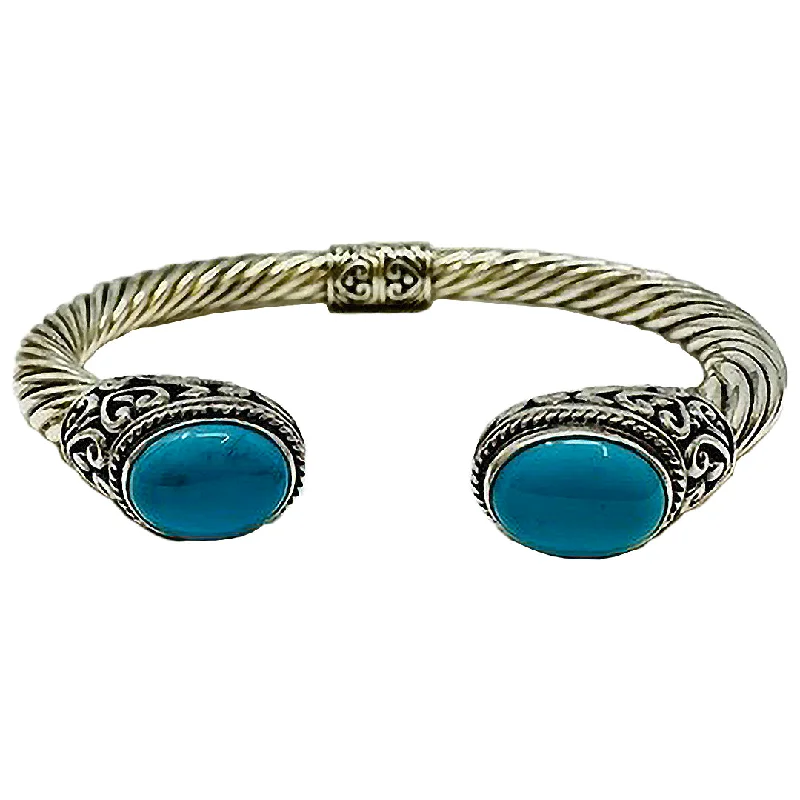 Glass Bangles for Shiny Appearance-Sterling Silver  Classic Cable Cuff Bracelet with Turquoise Inlay