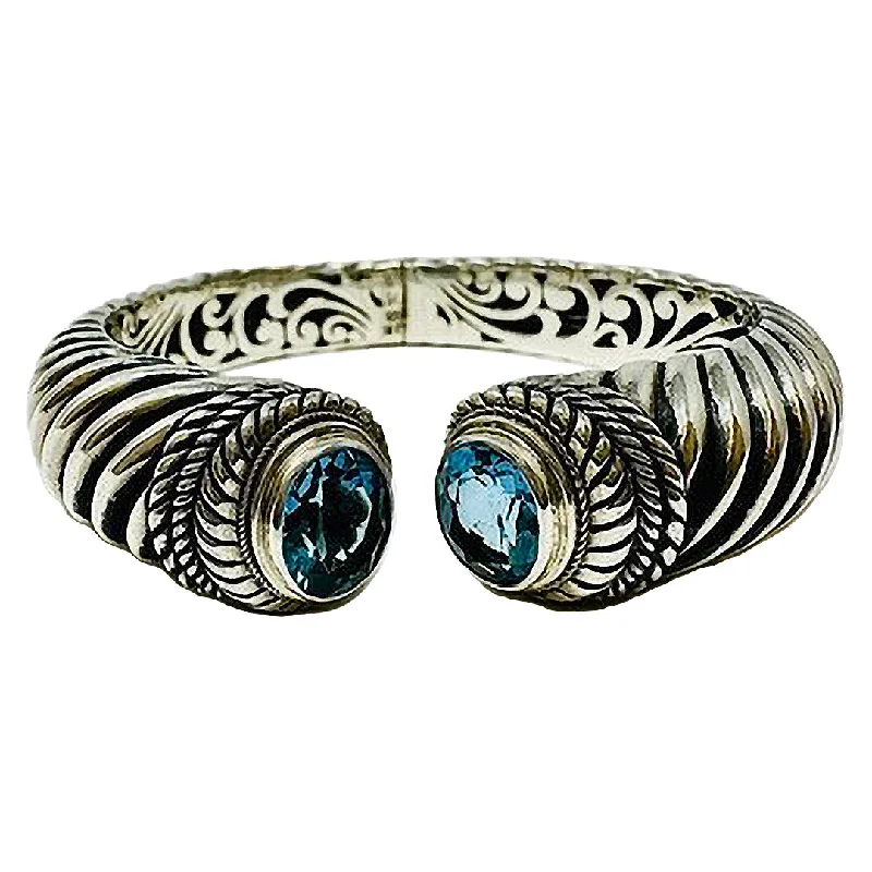 Inlaid Bracelets for Exquisite Detail-Sterling Silver Hinged Bracelet with Blue Topaz and 18K Gold Accent