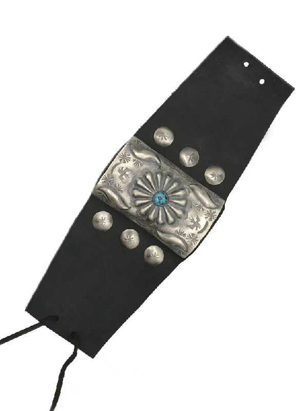 Cuff Bracelets for Statement Effect-Wide Leather Bracelet w Starburst Stamp + Turquoise